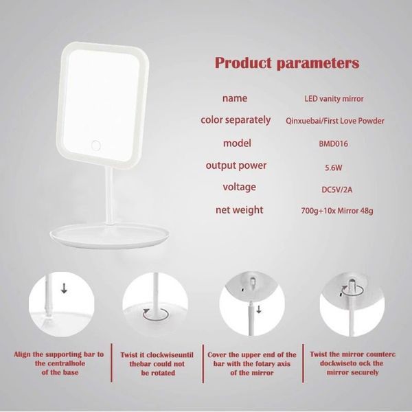 Квадратное зеркало для макияжа, косметическое зеркало с LED с яркой лед подсветкой, встроенным аккумулятором 068k 13425 фото