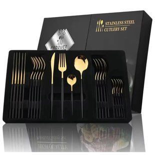 Набор столовых приборов из нержавеющей стали Portugal collection на 24 предмета Golden | Золотой с черным - ножи, ложки, вилки 14538 фото